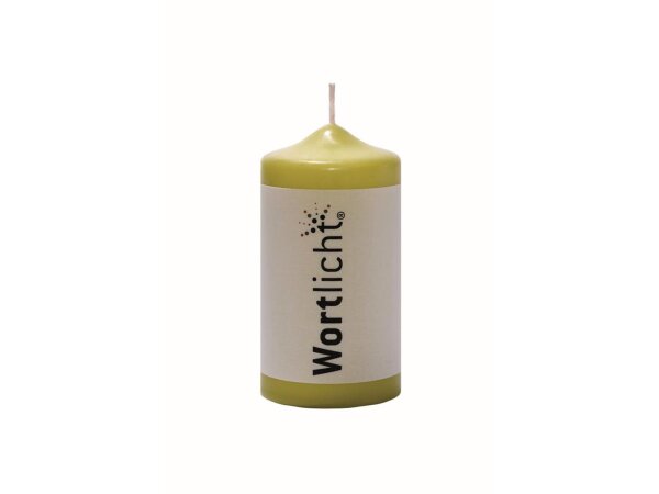 Kerze WORTLICHT® "Leuchtende Wünsche für ein zufriedenes Leben" 14 cm, Farbe oliv