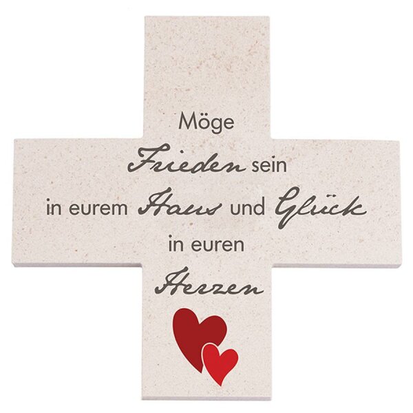 Haussegen-Stein-Kreuz *Möge Frieden sein in eurem Haus und Glück in euren Herzen* 15 x15 cm, hell