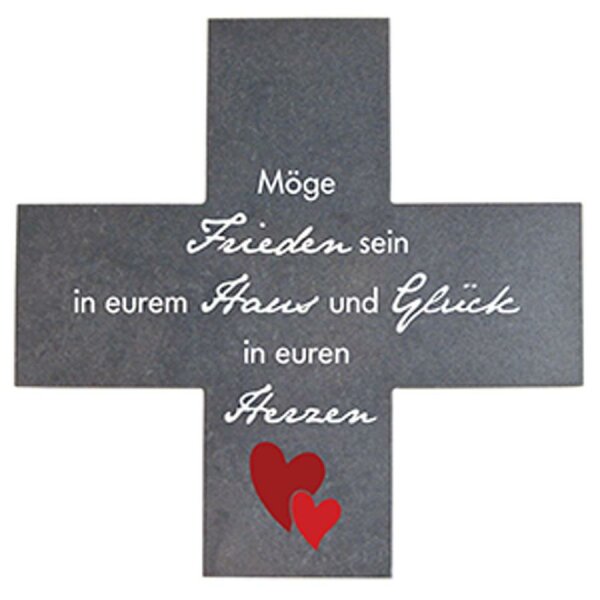 Haussegen-Stein-Kreuz *Möge Frieden sein in eurem Haus und Glück in euren Herzen*, 15 x 15 cm, dunkel