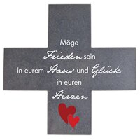 Haussegen-Stein-Kreuz "Möge Frieden sein in eurem Haus und Glück in euren Herzen, 15 x 15 cm, dunkel