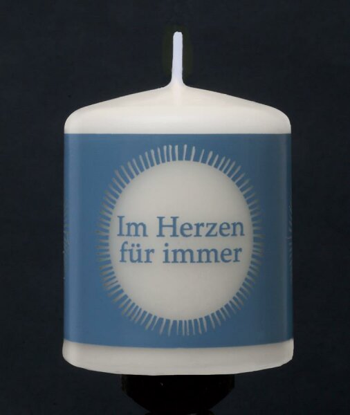 Kerze MEINE KLEINE KERZE "Im Herzen für immer" - creme/graublau, 6 x 5 cm