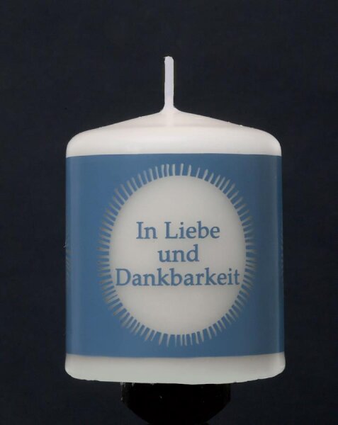 Kerze MEINE KLEINE KERZE "In Liebe und Dankbarkeit" -creme/graublau, 6 x 5 cm